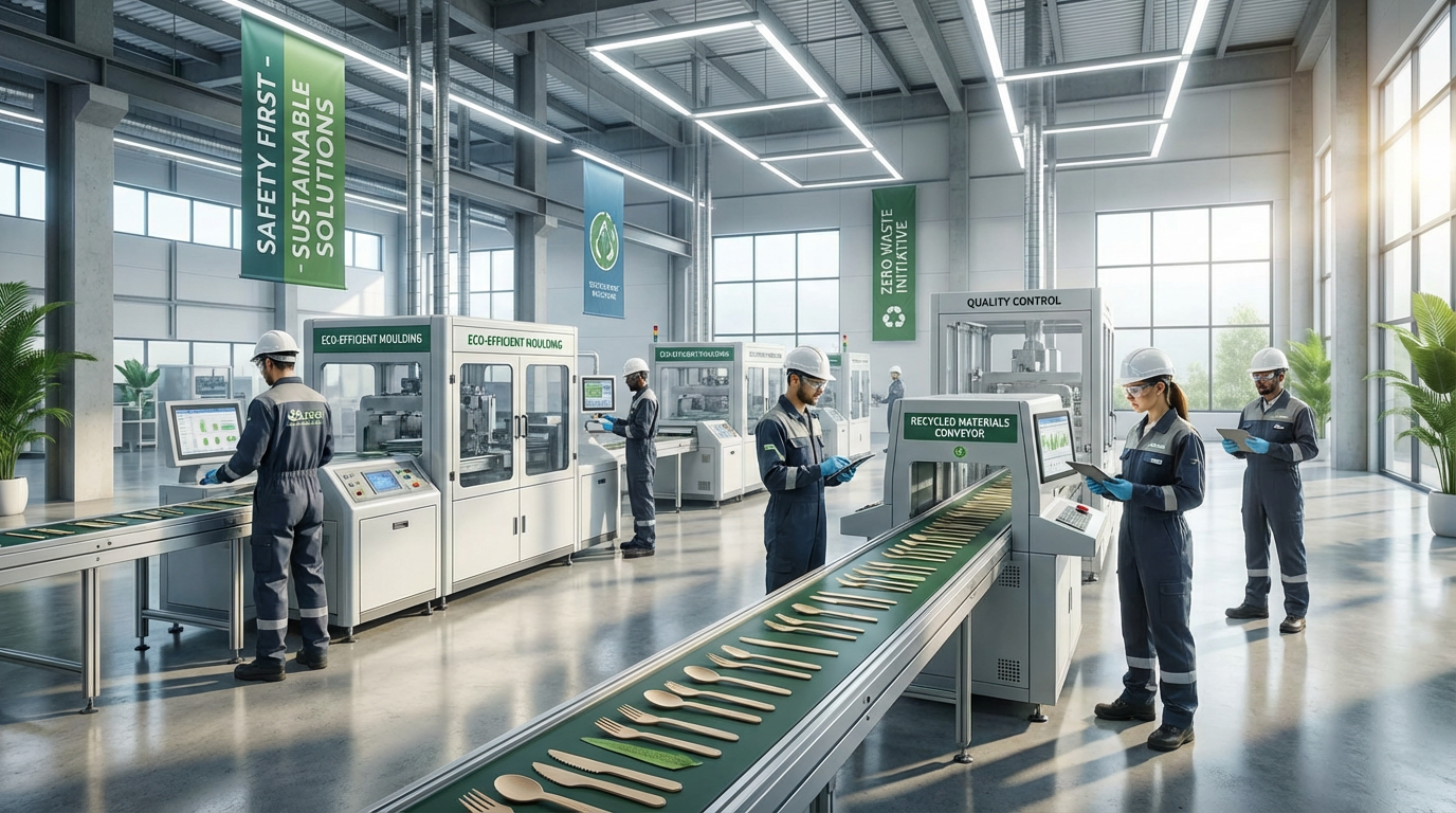 Modern eco-friendly manufacturing facility for sustainable cutlery production